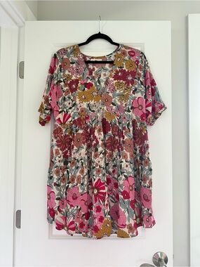 NATURAL LIFE Pink Mustard Floral V-Neck Short Sleeve Mini Dress